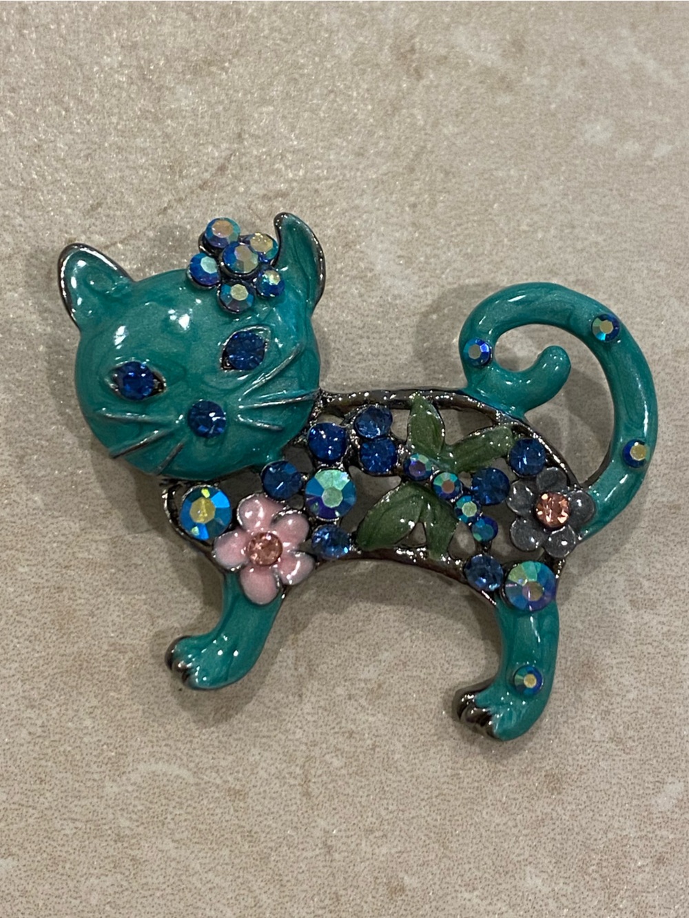 Teal Enamel and Jeweled Cat Brooch Pin